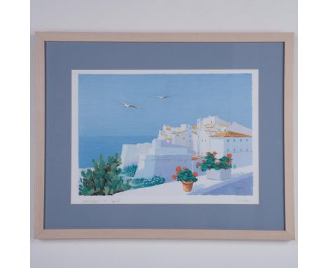 Splendid original color lithograph on paper by Italian Modernist Salvo entitled Paesaggio di Puglia. He depicts a sun-filled 