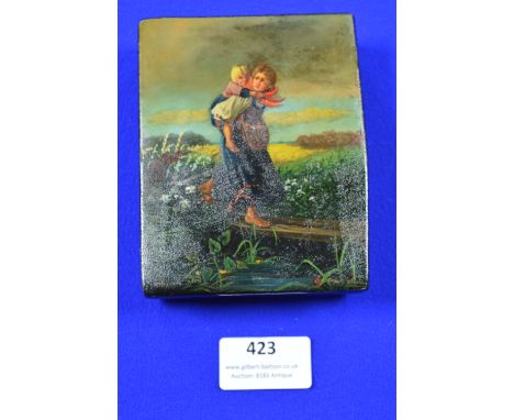 Paper Mache Trinket Box with Portrait of Young Girl and Child 