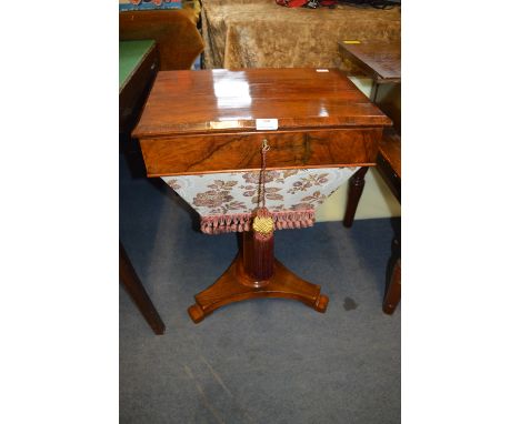 Victorian Walnut Sewing Box on Tripod Base with Floral Silk Embroidery 