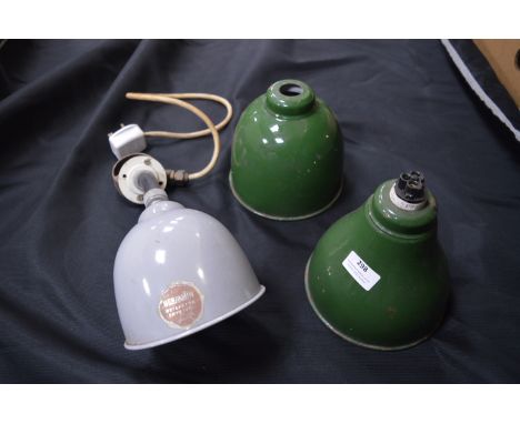 Three Enamel Industrial Light Shades and Fittings 