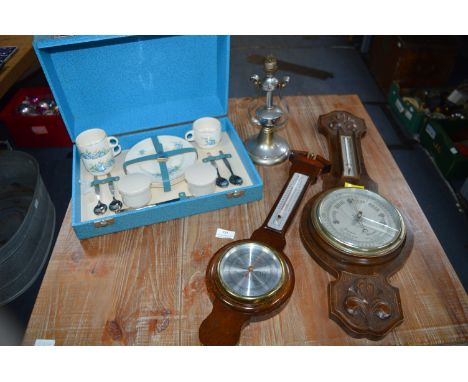 Vintage Items Including Part Picnic Set, Barometers, and a Ships Light on a Gimbal 