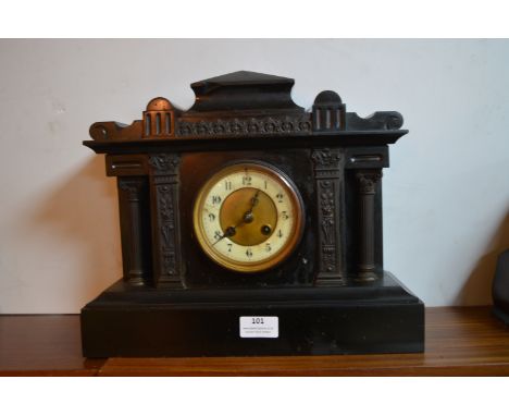 Victorian Black Slate Mantel Clock with Classical Columns 
