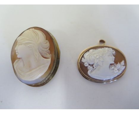 A 9ct gold cameo, the portrait on landscape format, width - 34mm, weight approx 5 grams, and a gilt metal cameo, clean condit