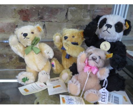 Four Steiff bears, two British Isles bears 19cm, Scotland and Ireland - one Classic panda 26cm and one Jackie bear 16cm tall 