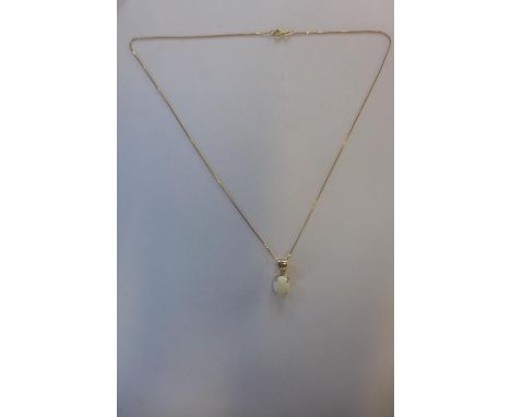 A hallmarked 9ct opal and diamond pendant on 9ct chain, marked 9KT, 44cm long, approx 2.9 grams, good condition 