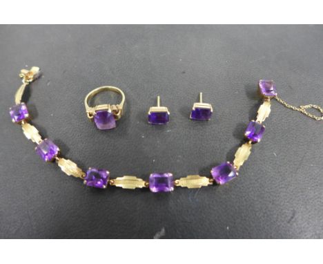 A suite of 9ct gold and amethyst jewellery, comprising of a bracelet, studs earrings and ring, the bracelet and ring stamped 