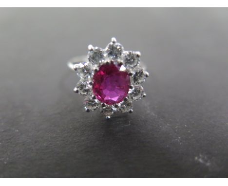 An 18ct white gold ruby and diamond ring set with a central ruby measuring approx 9mm by 6mm, surrounded by ten diamonds each