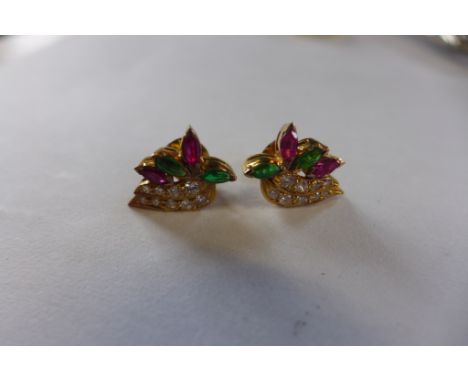 A pair of yellow gold screw back diamond, ruby and emerald earrings, 17mm x 11mm, approx 4.9 grams, in good condition, not ha