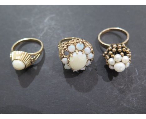 Three 9ct gold rings, one opal with missing stone, two pearl rings, damage to all pearls, weight approx 21.7 grams, usage mar