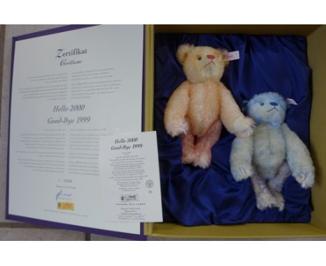 A Steiff Hello 2000 Goodbye 1999 set, made in 1999. limited edition to commemorate the new Millennium, enclosed in a book sty