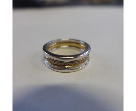 A 9ct hallmarked two colour diamond set ring, size N, approx 5 grams, some usage but generally good 