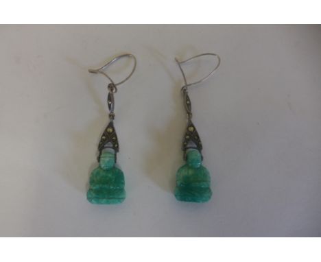 A pair of jade Buddha earrings, 4cm drop 