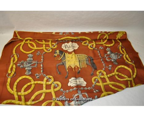 Hermes silk scarf in brown with yellow rope twist pattern and central figure or a horse, Palefroi