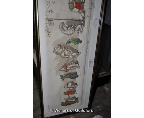 Boris O'Klein, comical French dog print, 'Chacun son tour', signed in pencil, 15 x 44cm.