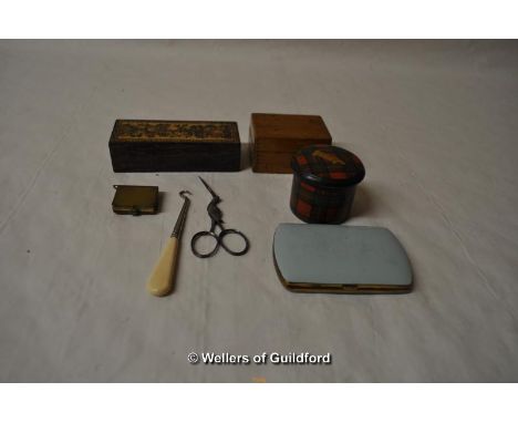 A smallTtunbridge ware box, 10cm long; a tartan ware cylindrical box; a turqouoise enamel cigarette case; tiny booklet full o