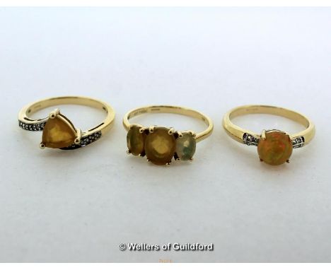 X3 9ct Yellow Gold Ethiopan Opal, White Zircon Rings, 6.8g, Full Hallmark.Size N