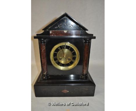 *Black marble mantle clock, decorated with columns to flanks (Lot subject to VAT)