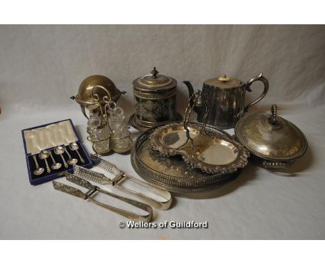 A small quantity of silver plated items including teapot, cruet set, sandwich servers, ect.