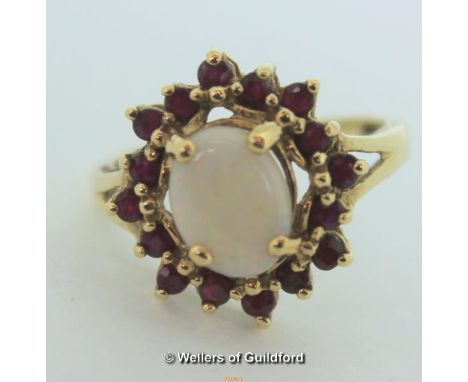 9ct Yellow Gold Opal and Ruby Cluster Ring 3.2g, Size N,Hallmark worn, Test as 9ct gold