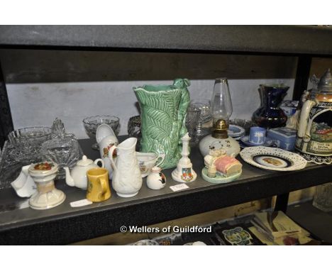 A quantity of ornamental ceramics including Spode bowl, crested china, Wedgwood blue jasperware and other items.