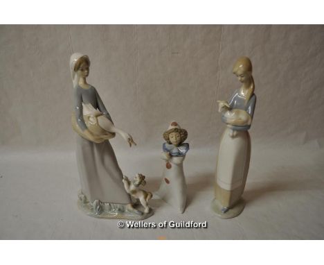 Two Lladro figures: young lady with lamb, lady with dog and duck; Nao figure of child in clown outfit (3)