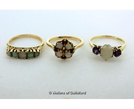 x3 9ct Yellow Gold Opal Rings, 6.8g, Full Hallmark.Size M-N