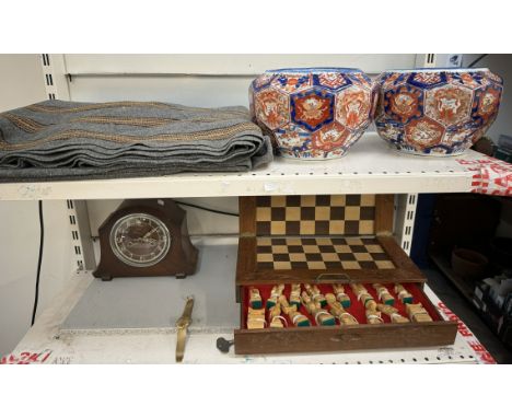 A pair of Japanese Imari pattern jardinieres together with a blanket, mantle clock, chess set and a gold plated Rotary wristw