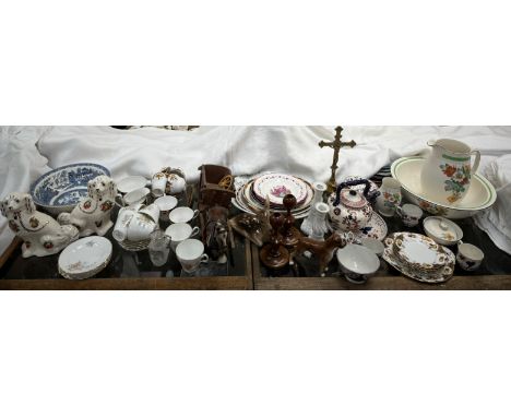 Pottery spaniels together with part tea services, Victoria and Albert decorated plates, jug and basin set, candlesticks, cruc