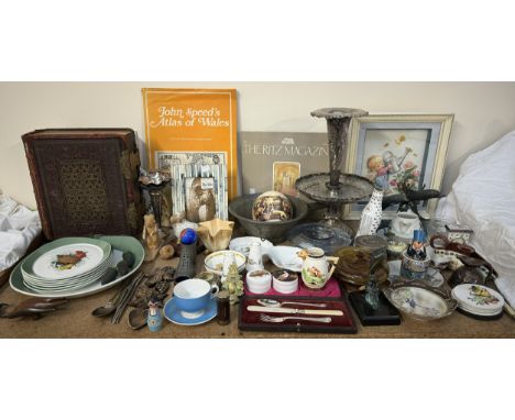 An electroplated table centrepiece together with an electroplated cased christening set, leather bound bible, other books, do