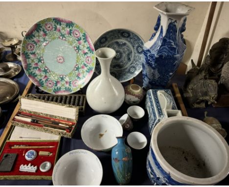 A Chinese blue and white porcelain jardiniere together with a collection of Japanese and Chinese porcelains, abacus etc 