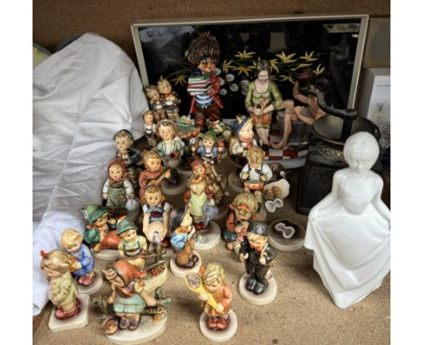 A large collection of Hummel figures together with a Royal Doulton figure, Capodimonte figure group, tapestry pictures etc 