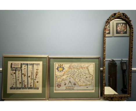 A reproduction John Ogilby ribbon road map together with a reproduction Saxton map of Glamorganshire and a wall mirror