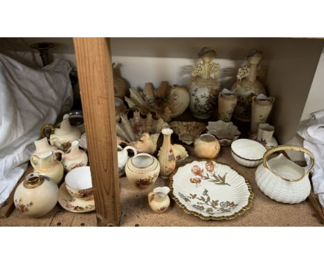 An assortment of Royal Worcester flower decorated blush ivory flat back jugs together with shell dishes, vase, cup and saucer