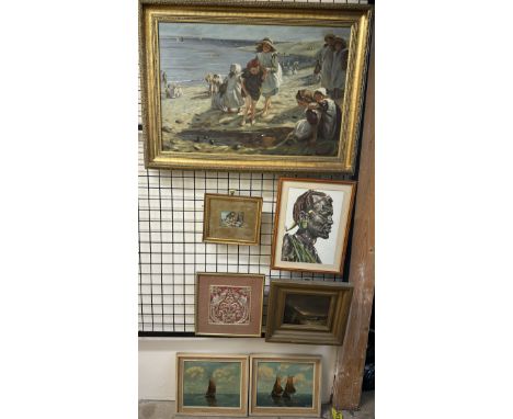 R SimmsChildren and families playing on the seashore Oil on canvasSignedTogether with a collection of oil paintings, watercol