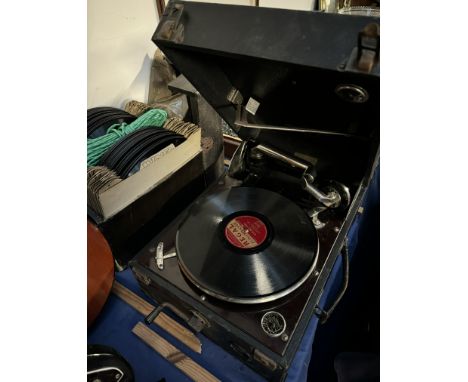 A Columbia table top gramophone together with records