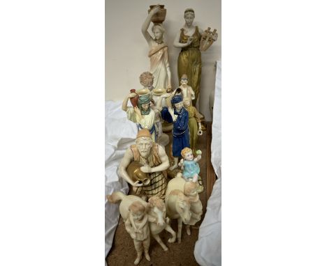 A Royal Worcester figure of a maiden holding a lyre together with a collection of Royal Worcester and other porcelain figures