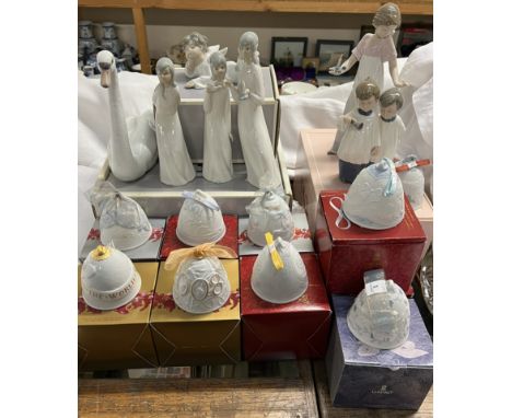A Lladro swan together with assorted Lladro figures, Lladro bells and other porcelain figures 