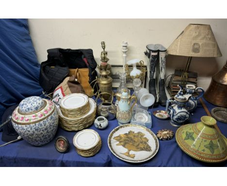 A Spode gilt and white part dinner service together with riding hats, body protector, brass lamps, ginger jar and cover, deca