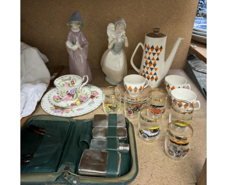 A chrome plated Travel set together with a Staffordshire Checkmate pattern part coffee set.  Nao figures and a set of glasses