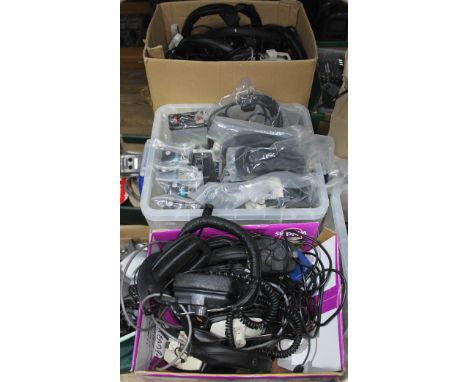 Three boxes of mainly Beyerdynamic vintage headphones, spares and associated electronics including four HHE Beltbox and a HHE