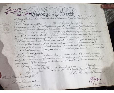 A promotion letter appointing David Barton Ratcliffe Elis Second Lieutenant to Officer in the Territorial Army signed by Geor