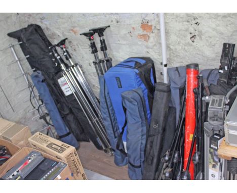 Assorted tripods, speaker and mic stands, manufacturers including Heiwa, Vinten, Sachtler etc.  