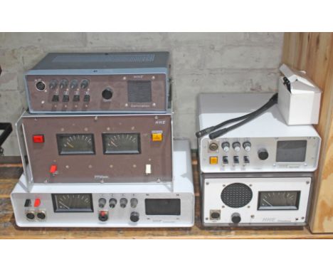 Vintage HHE audio equipment comprising Commsbox, PPMbox, Commentator, Omnibox and Checkbox with two Canford flexi mics.  