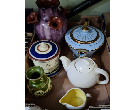 A Sadler Art Deco Sunburst teapot, Susie Cooper Kestrel shape teapot &amp; similar cream jug, also a&nbsp;Devon and Motto war