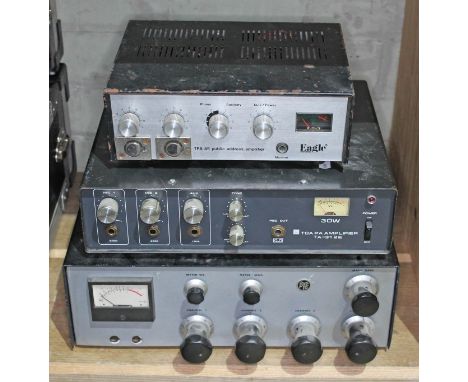 Three vintage amplifiers comprising a PYE, a TOA TA-312E and an Eagle.  
