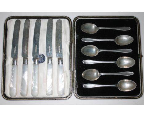 A cased set of six hallmarked silver teaspoons and five mother of pearl handle and silver bladed knives.  