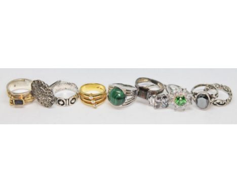 A group of ten rings, including a contemporary ring set with an iolite, various other stones, the majority marked '925', size