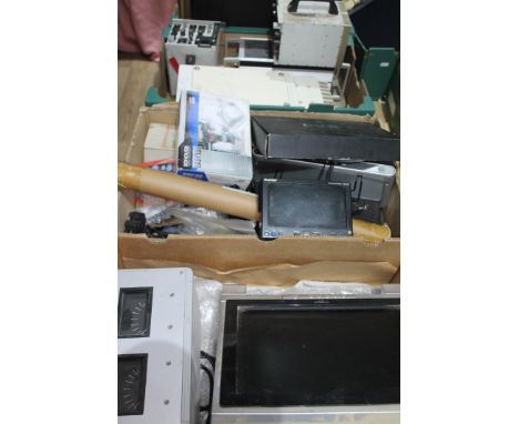Four boxes of assorted electronics including a portable induction loop amplifier, two Gigawave PTV receivers, other radio equ