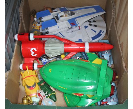 A box of vintage toys to include Thunderbirds, Captain Scarlett and Star Wars.  