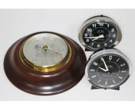 Two vintage Westclox Big Ben Repeater alarm clocks and a Short &amp; Mason barometer.  
